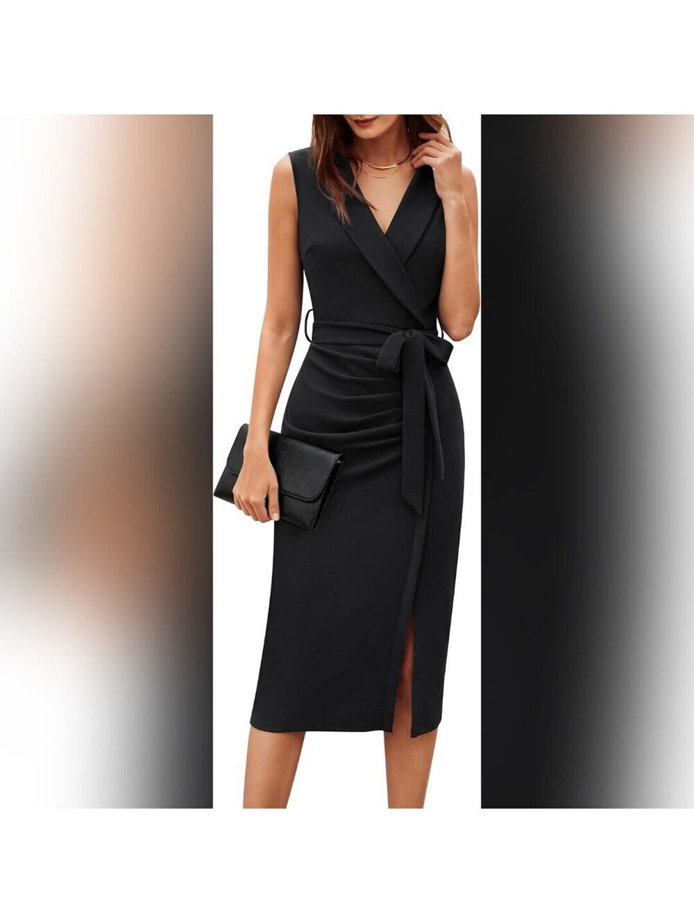 NWOT Grace Karin Women's Black Sleeveless V-Neck Ruched Midi Dress, Size 10